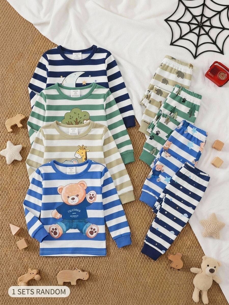 SHEIN Baby Boy Snug Fit Pajama Set, Cartoon Striped Bear Pattern Colorblock Knit Soft Crew Neck Long Sleeve Pullover Top And Elastic Waist Long Pants, 2-Piece Set - Blue and White - View 1