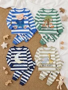 SHEIN Baby Boy Snug Fit Pajama Set, Cartoon Striped Bear Pattern Colorblock Knit Soft Crew Neck Long Sleeve Pullover Top And Elastic Waist Long Pants, 2-Piece Set - Blue and White - View 2