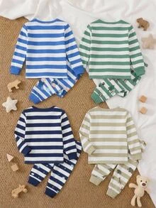 SHEIN Baby Boy Snug Fit Pajama Set, Cartoon Striped Bear Pattern Colorblock Knit Soft Crew Neck Long Sleeve Pullover Top And Elastic Waist Long Pants, 2-Piece Set - Blue and White - View 3
