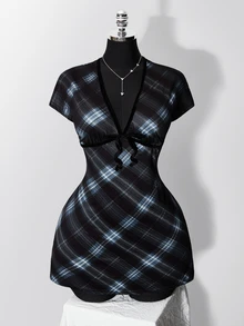 SHEIN ICON 大尺碼復古Y2K深V領花卉短袖收腰A字洋裝，返校穿搭、日常穿著、休閒度假夏季洋裝 - 藍色 - 查看 4