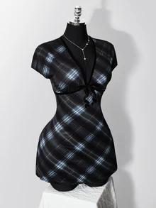 SHEIN ICON 大尺碼復古Y2K深V領花卉短袖收腰A字洋裝，返校穿搭、日常穿著、休閒度假夏季洋裝 - 藍色 - 查看 7