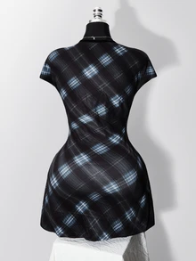 SHEIN ICON 大尺碼復古Y2K深V領花卉短袖收腰A字洋裝，返校穿搭、日常穿著、休閒度假夏季洋裝 - 藍色 - 查看 10
