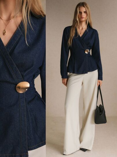 Poéselle Women's Long Sleeve Overlap Design Cinched Waist Loose Hem Denim Top Elegant Women's Blouse Office Brunch Navy Blue Fall