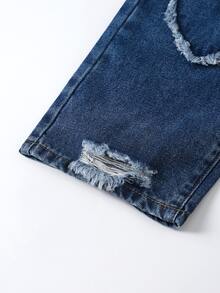 Young Girl Summer Washed Versatile Loose Fashion Soft Pure Cotton Fabric Distressed Heart Applique Asymmetrical Waistband Baby Blue Denim Pants - Dark Wash - View 5