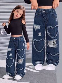 Young Girl Summer Washed Versatile Loose Fashion Soft Pure Cotton Fabric Distressed Heart Applique Asymmetrical Waistband Baby Blue Denim Pants - Dark Wash - View 3