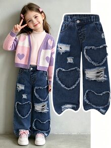Young Girl Summer Washed Versatile Loose Fashion Soft Pure Cotton Fabric Distressed Heart Applique Asymmetrical Waistband Baby Blue Denim Pants - Dark Wash - View 9
