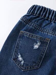 Young Girl Summer Washed Versatile Loose Fashion Soft Pure Cotton Fabric Distressed Heart Applique Asymmetrical Waistband Baby Blue Denim Pants - Dark Wash - View 7