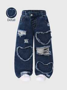 Young Girl Summer Washed Versatile Loose Fashion Soft Pure Cotton Fabric Distressed Heart Applique Asymmetrical Waistband Baby Blue Denim Pants - Dark Wash - View 4