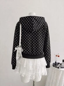 SHEIN 青少年女孩秋季服飾運動衫 秋冬夾克 圖案開學季萬聖節假期休閒 Y2K 可愛黑色波點白色 - 彩色 - 查看 3