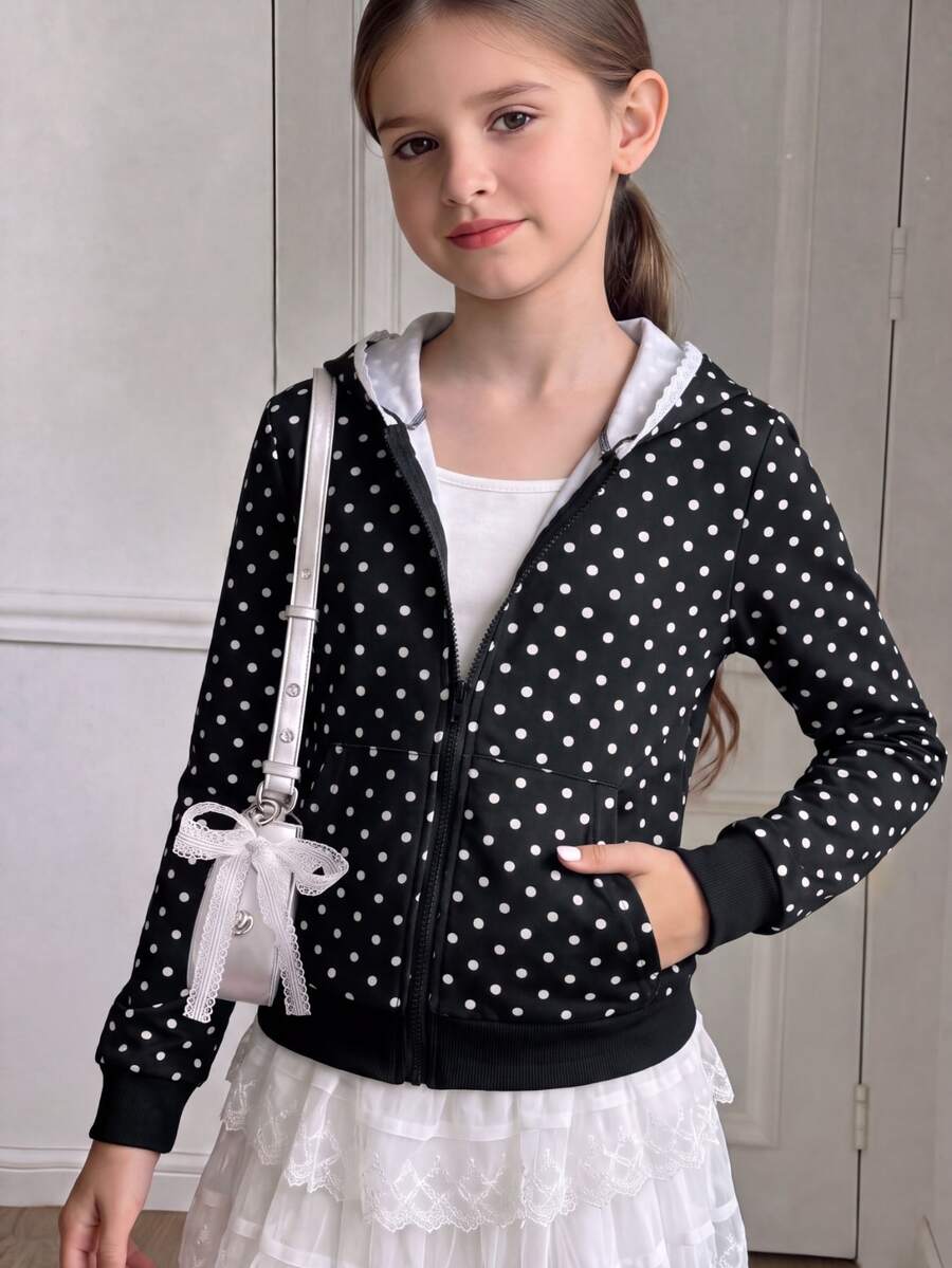 SHEIN 青少年女孩秋季服飾運動衫 秋冬夾克 圖案開學季萬聖節假期休閒 Y2K 可愛黑色波點白色