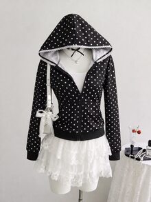 SHEIN 青少年女孩秋季服飾運動衫 秋冬夾克 圖案開學季萬聖節假期休閒 Y2K 可愛黑色波點白色 - 彩色 - 查看 4