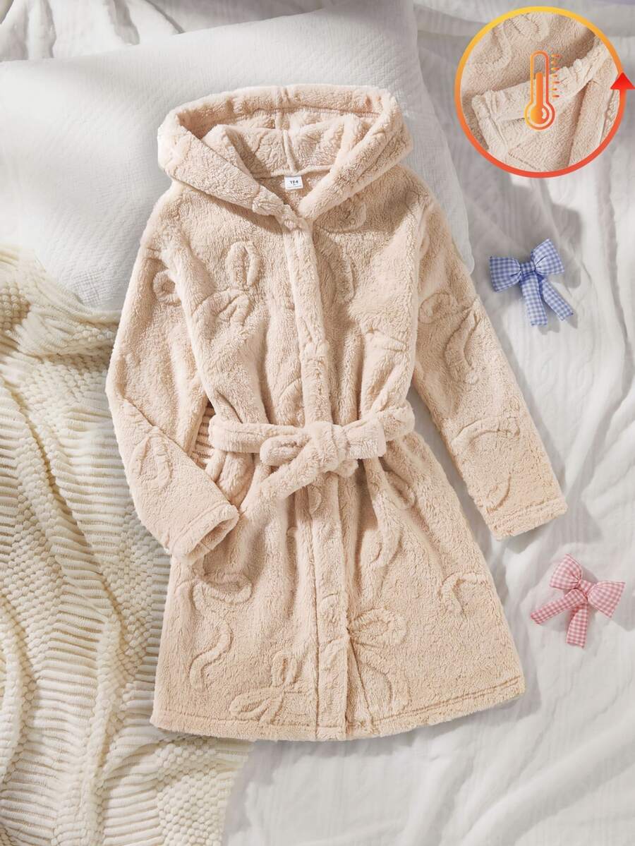 女童米色極簡可愛軟妹風蝴蝶結花朵毛絨長袖睡袍,休閒睡衣,適合秋冬場景、居家夜間穿著 - 杏色 - 查看 1