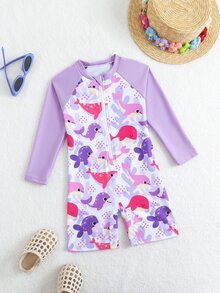 SHEIN 1pc Young Girl' Cute Shark Print Long Sleeve One-Piece Swimsuit, Protective Summer Coverall - Multicolor - View 4