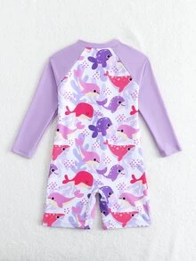 SHEIN 1pc Young Girl' Cute Shark Print Long Sleeve One-Piece Swimsuit, Protective Summer Coverall - Multicolor - View 3