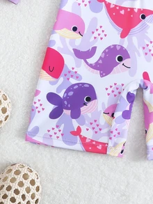 SHEIN 1pc Young Girl' Cute Shark Print Long Sleeve One-Piece Swimsuit, Protective Summer Coverall - Multicolor - View 6