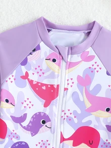 SHEIN 1pc Young Girl' Cute Shark Print Long Sleeve One-Piece Swimsuit, Protective Summer Coverall - Multicolor - View 5