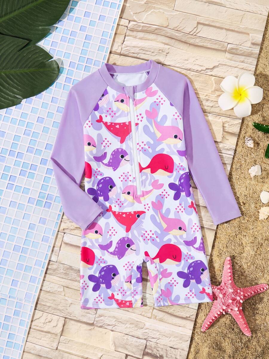 SHEIN 1pc Young Girl' Cute Shark Print Long Sleeve One-Piece Swimsuit, Protective Summer Coverall