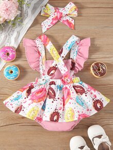 SHEIN Playful Pals Baby Girl Cartoon Donut Printed Overalls Jumpsuit Summer Birthday Party White And Pink Cute - Pink - View 4