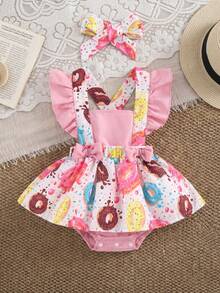 SHEIN Playful Pals Baby Girl Cartoon Donut Printed Overalls Jumpsuit Summer Birthday Party White And Pink Cute - Pink - View 1