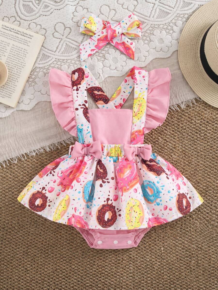 SHEIN Playful Pals Baby Girl Cartoon Donut Printed Overalls Jumpsuit Summer Birthday Party White And Pink Cute - Pink - View 1
