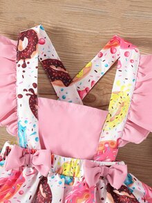SHEIN Playful Pals Baby Girl Cartoon Donut Printed Overalls Jumpsuit Summer Birthday Party White And Pink Cute - Pink - View 3
