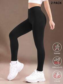 SHEIN Tween Girls 2 PCS Leggings, Pure Black Yoga Tight Pants, Classic Running Cycling Hiking Long Gym Fall Modest All-Match All-Match All-Match Casual Active - Black - View 1