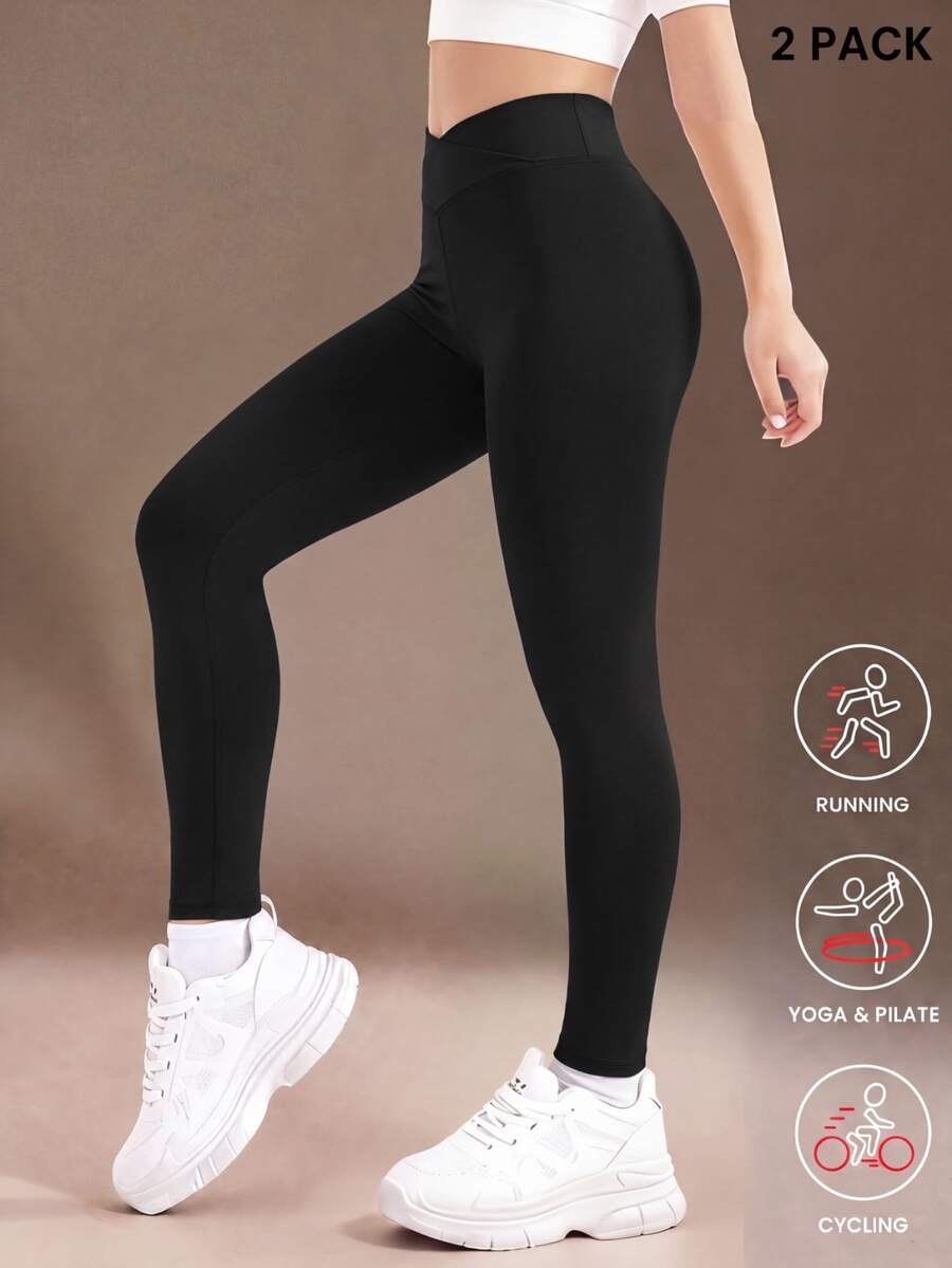 SHEIN Tween Girls 2 PCS Leggings, Pure Black Yoga Tight Pants, Classic Running Cycling Hiking Long Gym Fall Modest All-Match All-Match All-Match Casual Active - Black - View 1