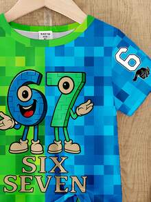 2pcs/Set Young Boys Summer Outfit, Creative Numeric 67 & Cartoon Graphic Mosaic Print Short Sleeve T-Shirt And Shorts, Comfortable Daily Casual Wear - Multicolor - View 8