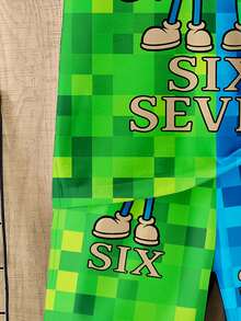 2pcs/Set Young Boys Summer Outfit, Creative Numeric 67 & Cartoon Graphic Mosaic Print Short Sleeve T-Shirt And Shorts, Comfortable Daily Casual Wear - Multicolor - View 7