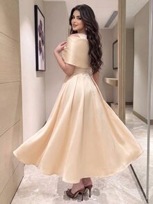 Modelyn 女士纯色不对称领口荷叶边装饰短袖优雅夏季连衣裙、派对连衣裙、派对连衣裙长款晚礼服 - 米色 - 查看 3
