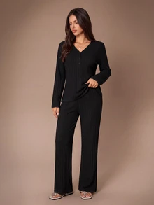 Lazeform Minimalist Solid Color V-Neck Lace Trim Ribbed Long Sleeve Pajama Set - Black - View 1