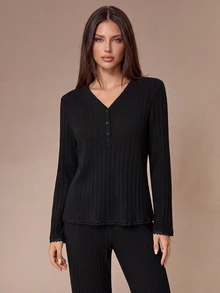 Lazeform Minimalist Solid Color V-Neck Lace Trim Ribbed Long Sleeve Pajama Set - Black - View 3