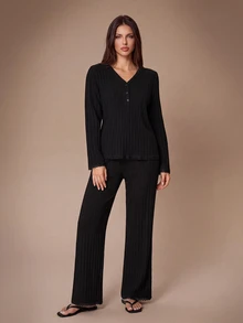Lazeform Minimalist Solid Color V-Neck Lace Trim Ribbed Long Sleeve Pajama Set - Black - View 5