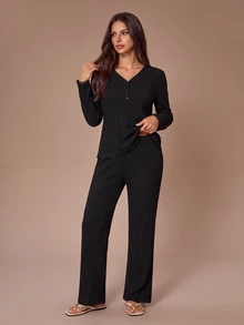Lazeform Minimalist Solid Color V-Neck Lace Trim Ribbed Long Sleeve Pajama Set - Black - View 4