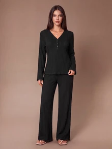 Lazeform Minimalist Solid Color V-Neck Lace Trim Ribbed Long Sleeve Pajama Set - Black - View 6
