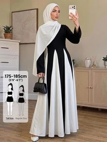 SHEIN Tall Gaun elegan, longgar, panjang, dan lebar dengan kombinasi warna hitam putih untuk wanita Muslim tinggi. - Hitam - View 5