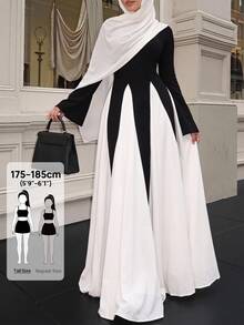 SHEIN Tall Gaun elegan, longgar, panjang, dan lebar dengan kombinasi warna hitam putih untuk wanita Muslim tinggi. - Hitam - View 1