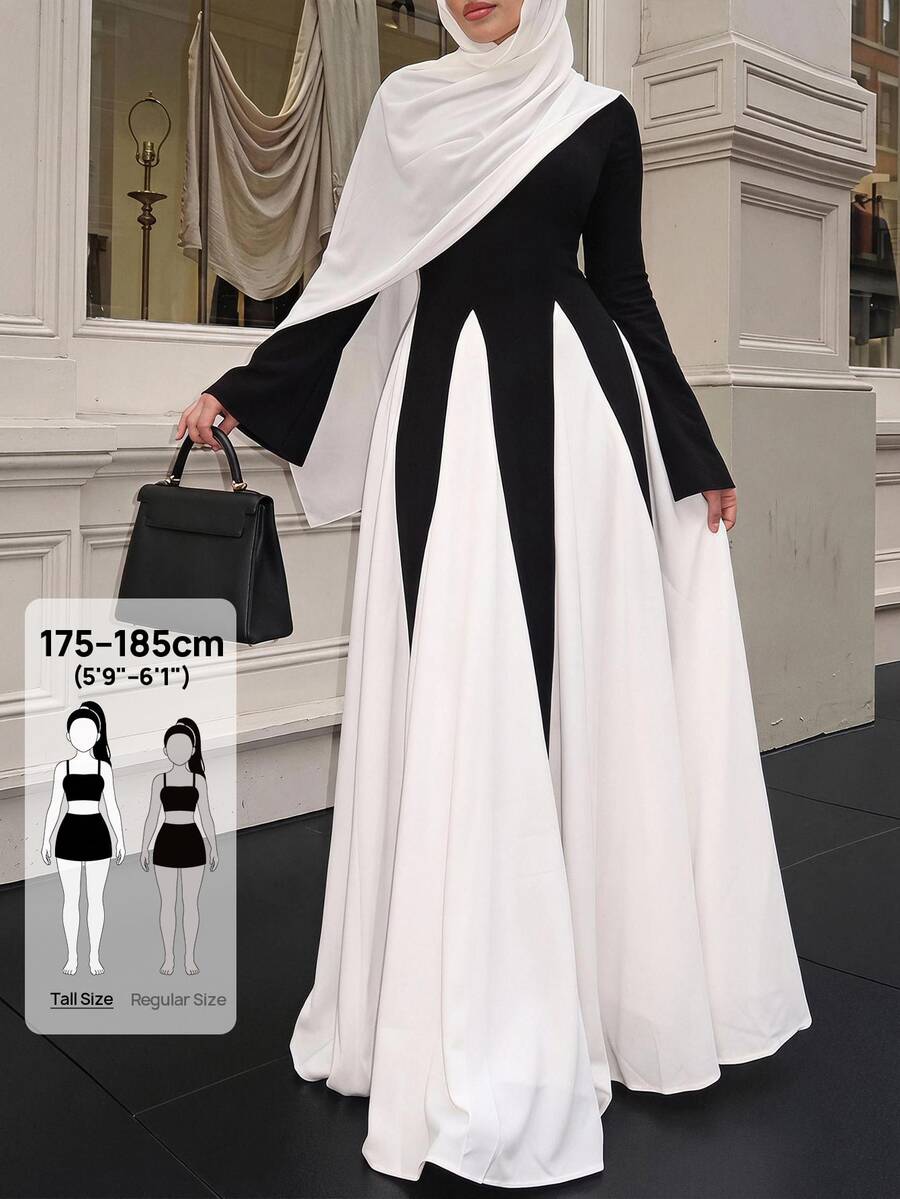 SHEIN Tall Gaun elegan, longgar, panjang, dan lebar dengan kombinasi warna hitam putih untuk wanita Muslim tinggi. - Hitam - View 1
