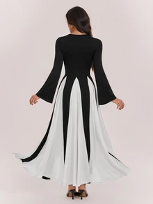 SHEIN Tall Gaun elegan, longgar, panjang, dan lebar dengan kombinasi warna hitam putih untuk wanita Muslim tinggi. - Hitam - View 3