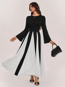 SHEIN Tall Gaun elegan, longgar, panjang, dan lebar dengan kombinasi warna hitam putih untuk wanita Muslim tinggi. - Hitam - View 8