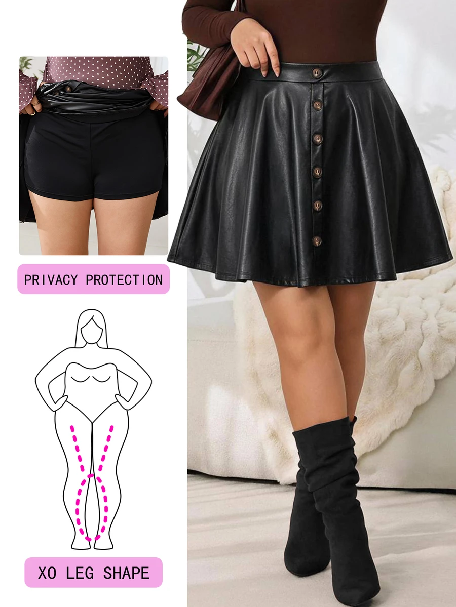 Solflare Plus Size Women's Fall PU Leather Black Casual Baggy Skirt Halloween Evening Night - Black - View 1