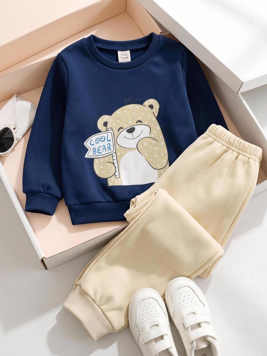 SHEIN 2pcs/Set Boys Cartoon Bear Pattern Fleece Lined Soft Knit Crew Neck Long Sleeve Pullover Top And Solid Color Pants, Autumn Kids - Blue - View 1