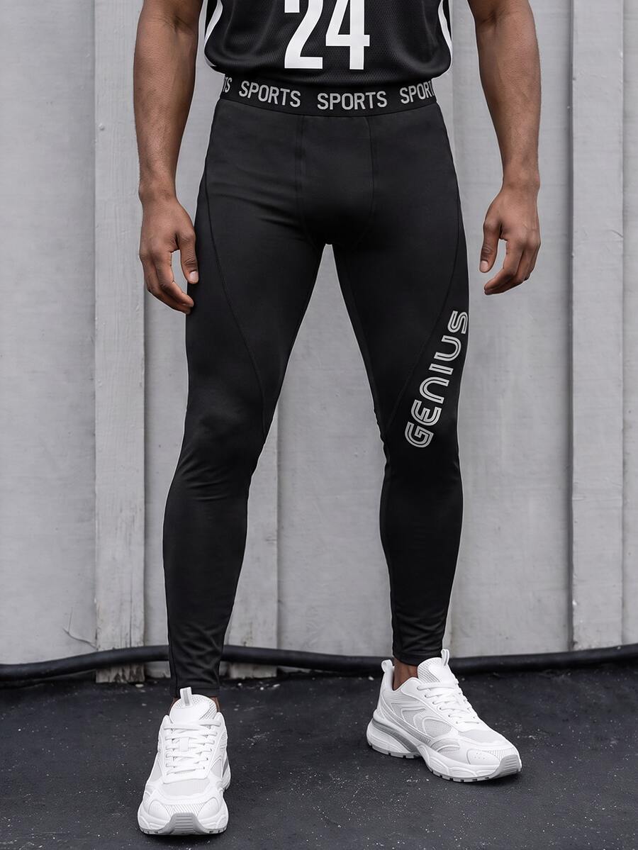 Gym Rark 男友风男士字母印花简约运动紧身裤,休闲日常穿着 - 黑色 - 查看 1