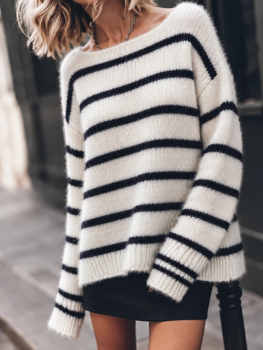LUMIGAL Women's Comfortable Striped Contrast Color Long Sleeve Sweater,Fall/Winter Striped Pullover Cardigan, Suitable For Casual Outings