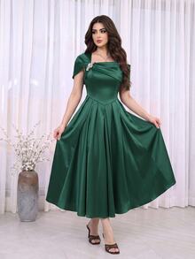 Modelyn Women's Rhinestones Decor Simple Pleated Casual Dress, For Daily Wear - Dark Green - View 5