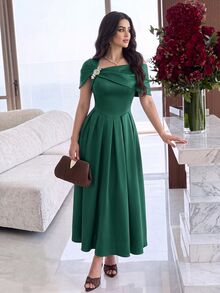 Modelyn Women's Rhinestones Decor Simple Pleated Casual Dress, For Daily Wear - Dark Green - View 3