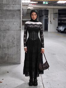 SHEIN ICON 女款蕾絲拼接休閒百搭日常穿著上衣 - 黑色 - 查看 5