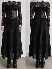 SHEIN ICON 女款蕾絲拼接休閒百搭日常穿著上衣 - 黑色 - 查看 4