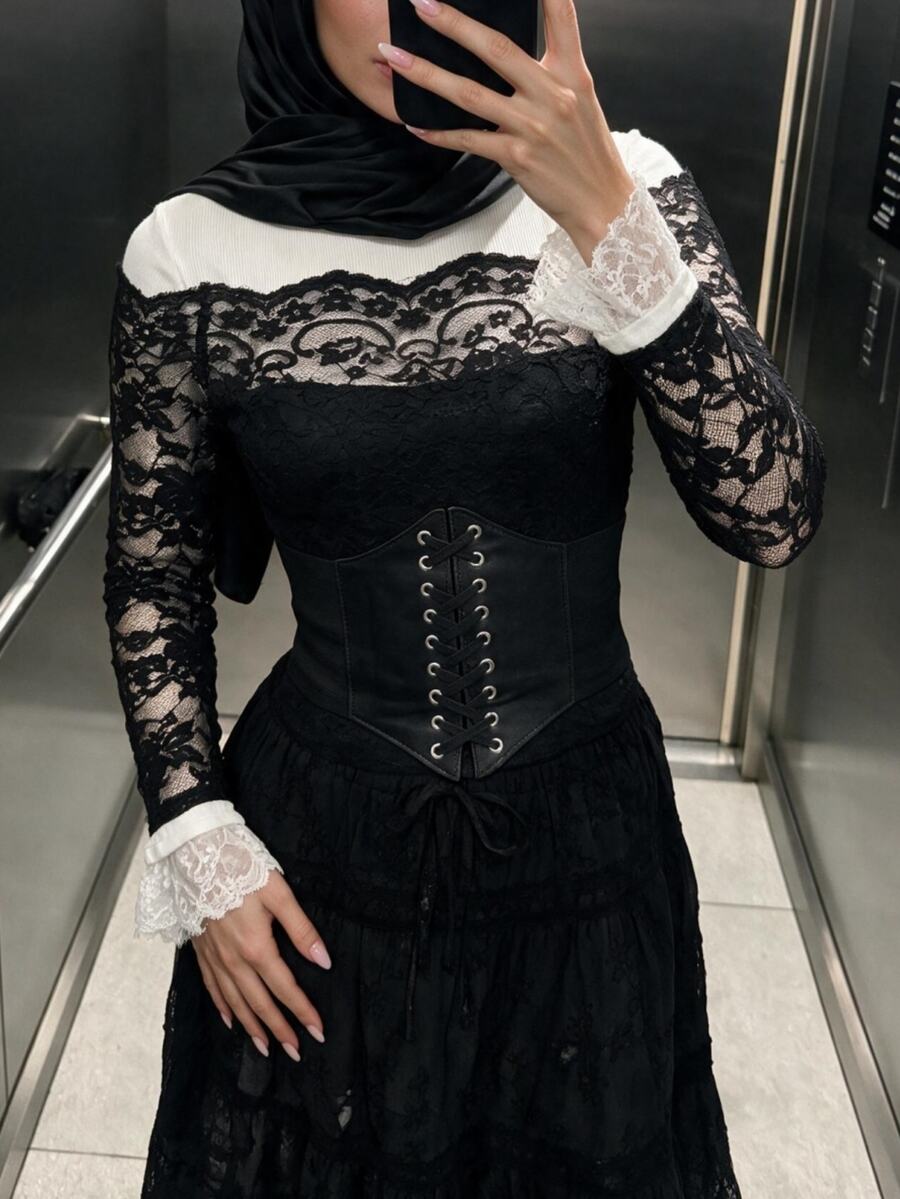 SHEIN ICON 女款蕾絲拼接休閒百搭日常穿著上衣 - 黑色 - 查看 1