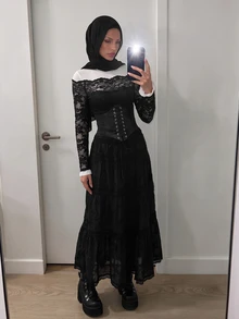 SHEIN ICON 女款蕾絲拼接休閒百搭日常穿著上衣 - 黑色 - 查看 7